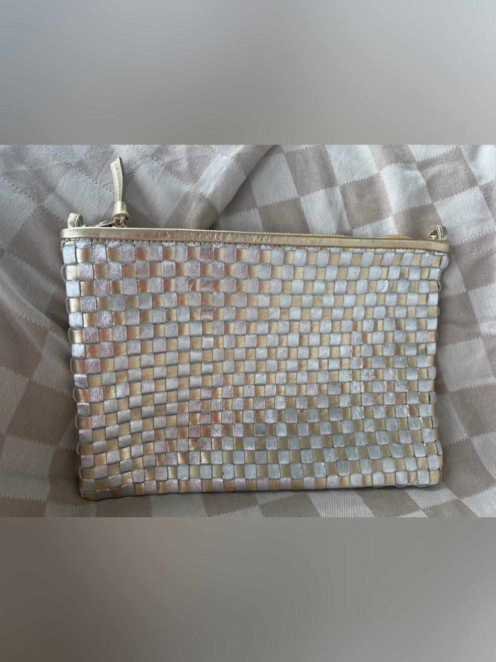 Clare V. Flat Clutch w/ Tabs in Gold & Silver Woven Checker